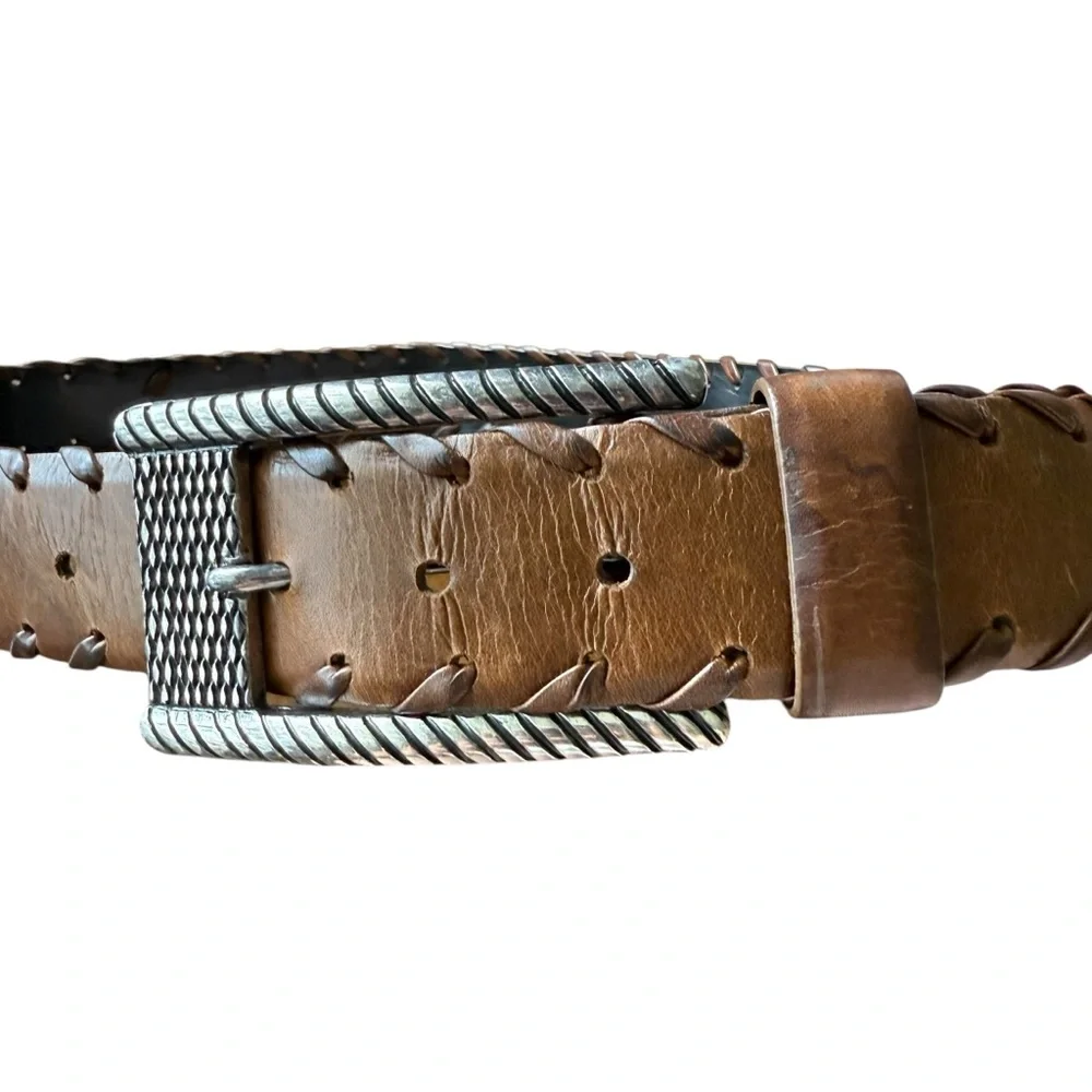 Vintage Leather Belt Large metal buckle whipstitch trim sz 32 medium